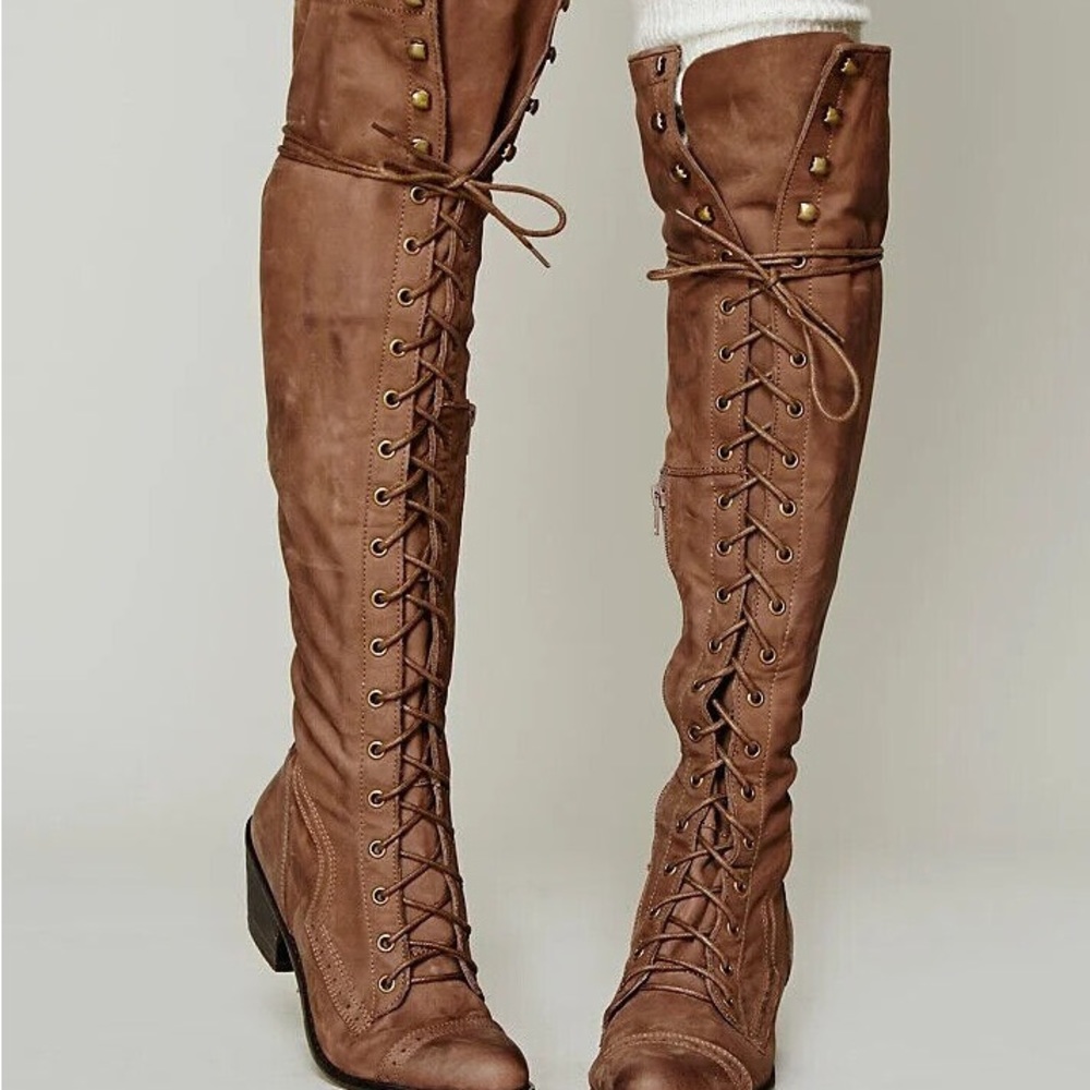 Jeffrey campbell x free people taupe leather lace up boots size 10